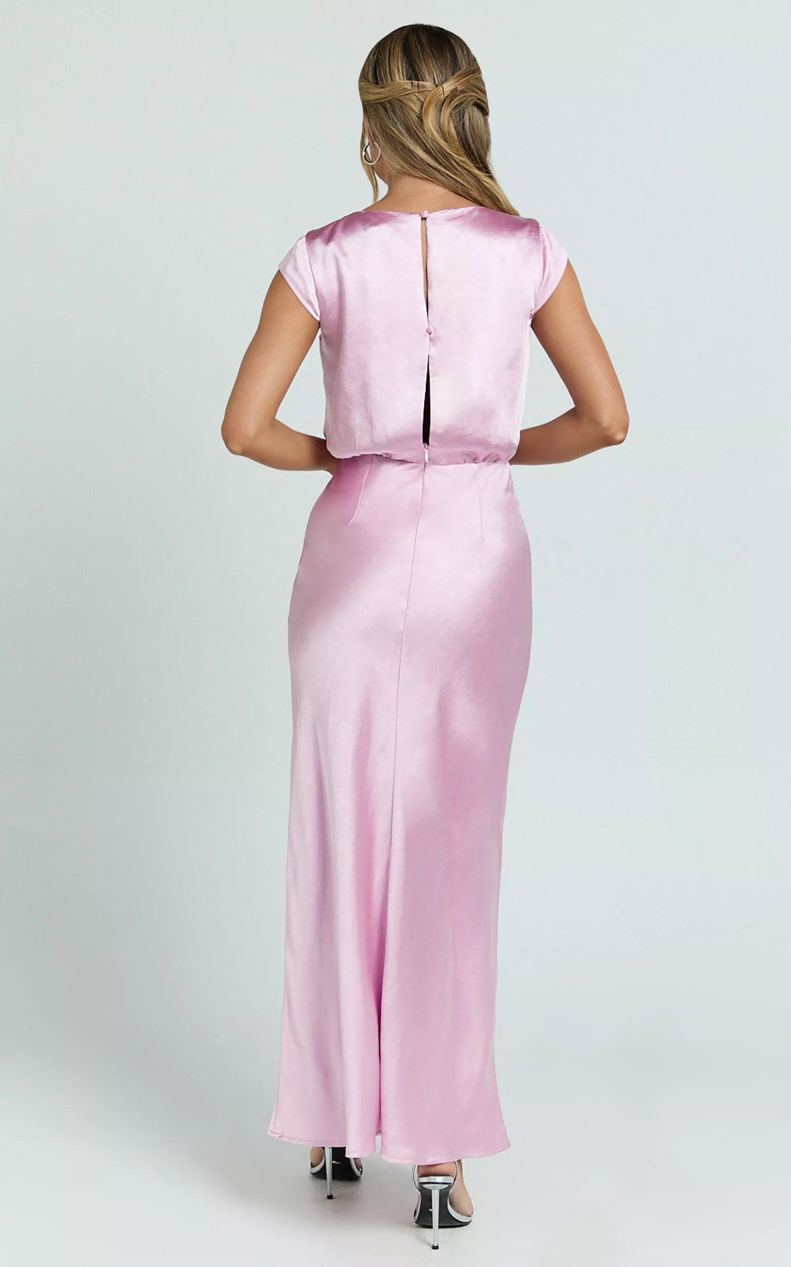 V-neck off shoulder short sleeved back button and floor length Prom dress